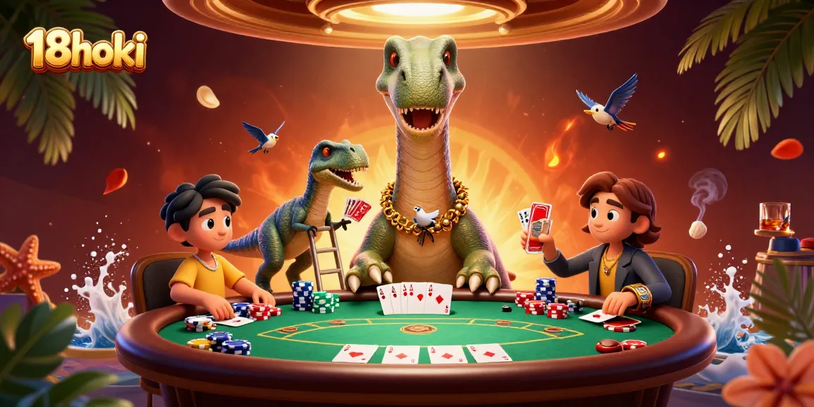 Experience the magic of 18hoki with a thrilling cartoon scene of gambling excitement and winning hands at the casino.