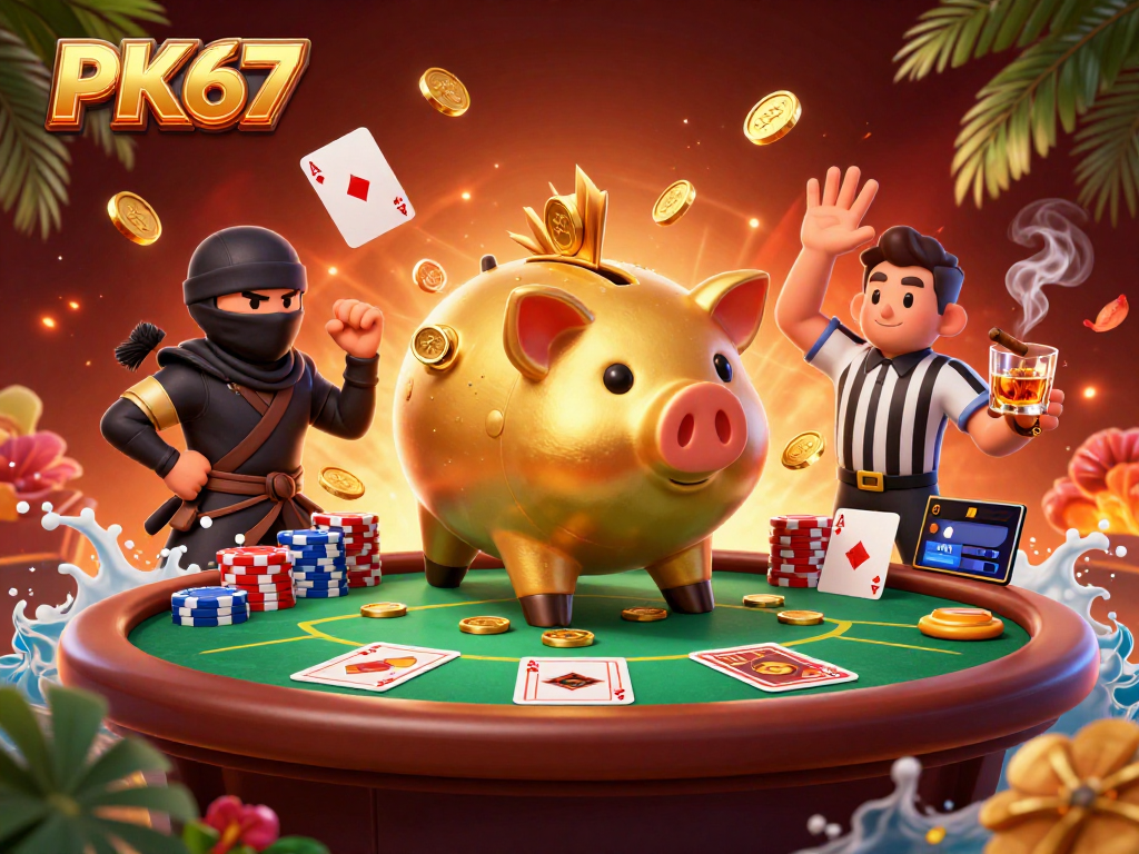 Engage in thrilling poker action with PK67's dynamic gaming scene featuring giant golden characters.