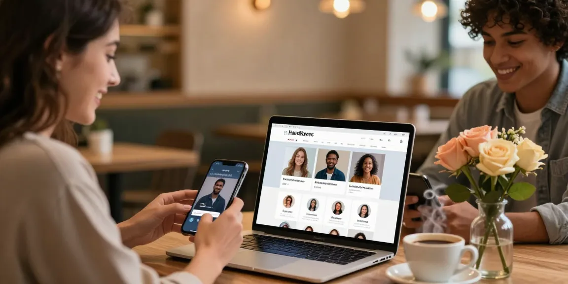 Individuals enjoying the HundRoses dating app in a cozy café setting, showcasing genuine connections.