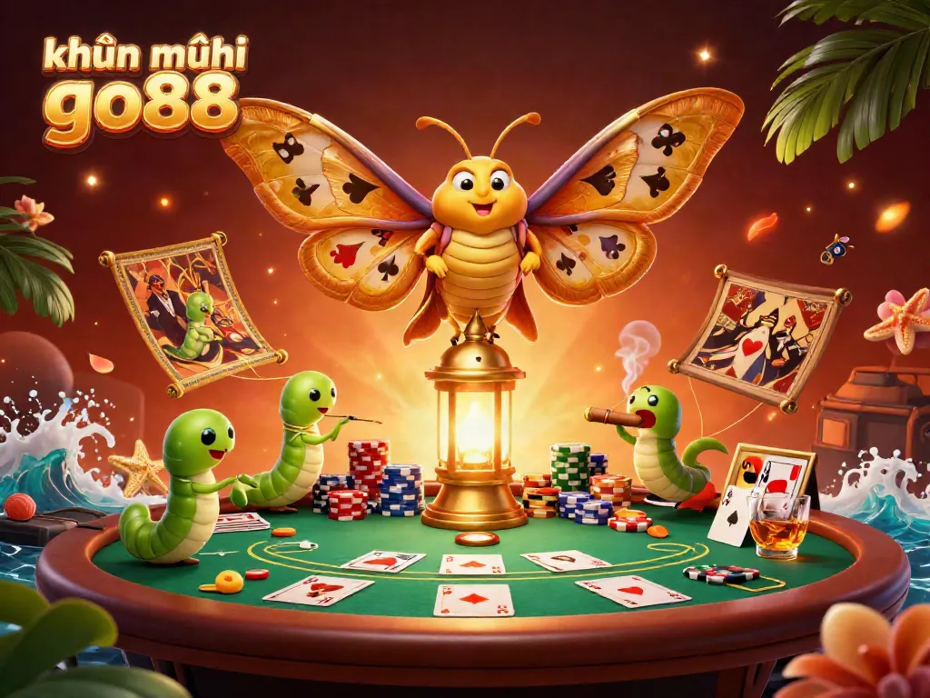 Engage with the vibrant khuyến mãi go88 in this cinematic 3D illustration featuring poker elements and an enchanting moth.