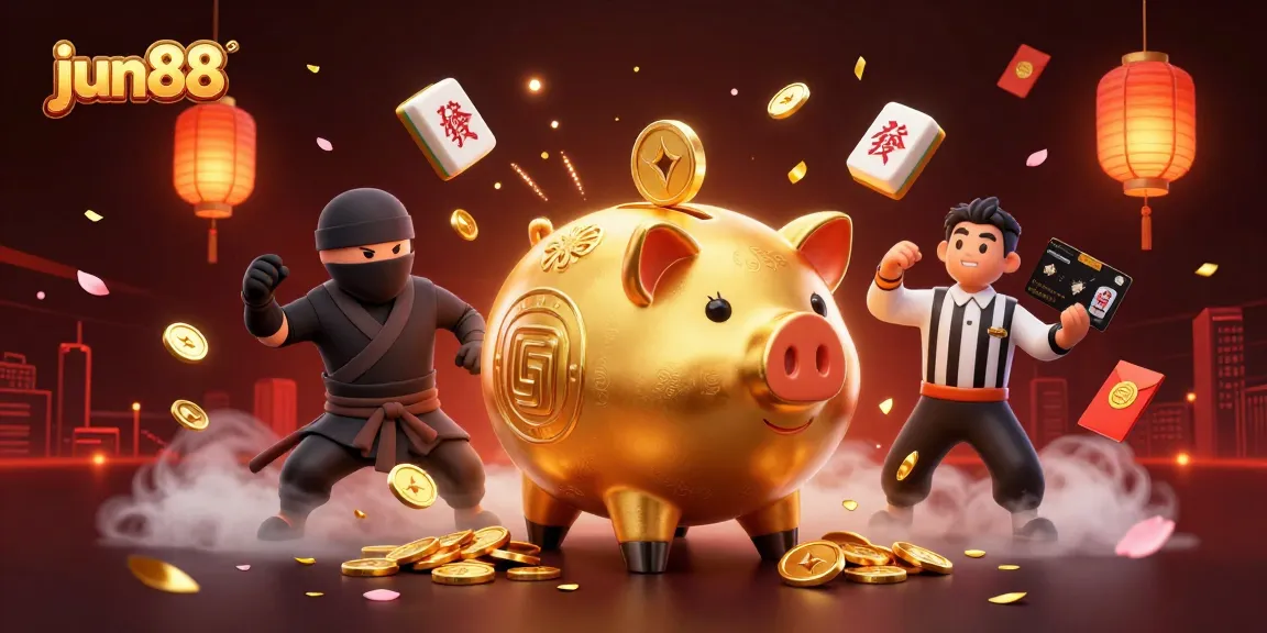 Experience thrilling bets at jun88 with a dynamic scene featuring a powerful golden piggy bank sumo wrestler.