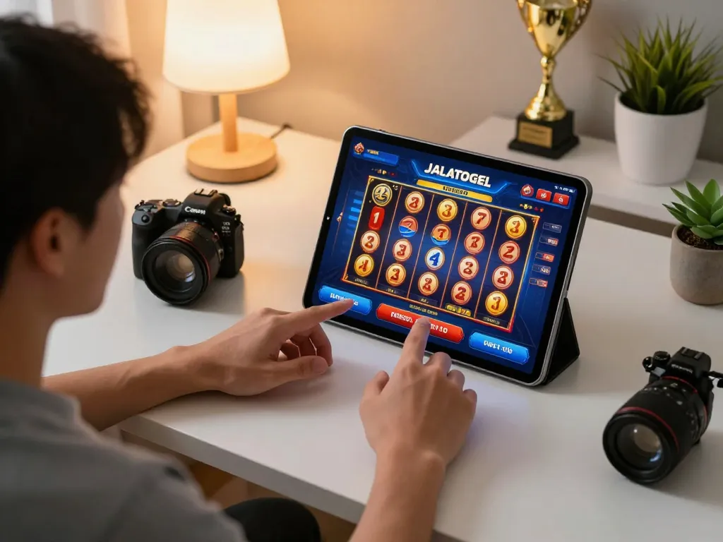 Pemain yang terlibat dengan slot online JALATOGEL di tablet dalam suasana rumah yang nyaman.