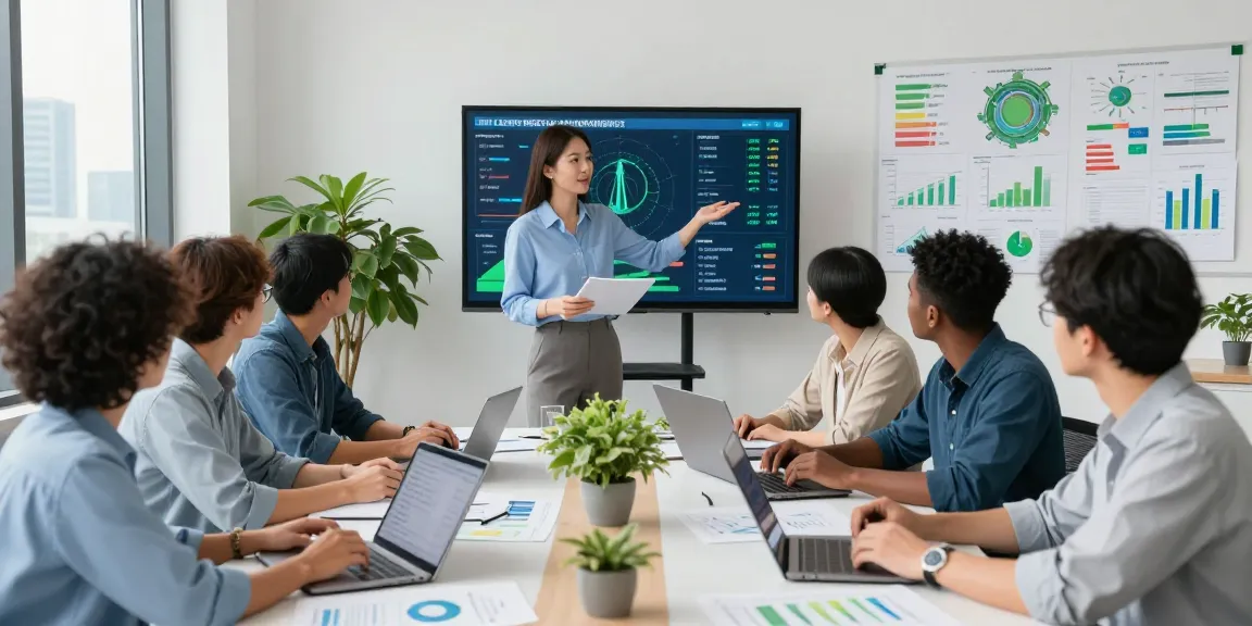 Team collaborating on multi site business energy management strategies with data analytics and energy efficiency charts in a bright office.