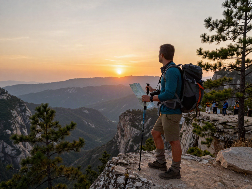 Traveler at sunset with bro138 hiking gear, overlooking a beautiful mountain view.