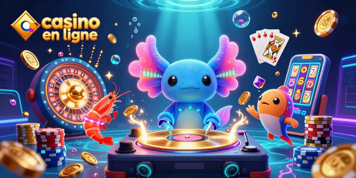 Plongez dans une scène vibrante de casino en ligne avec un DJ axolotl et des créatures marines dansant.