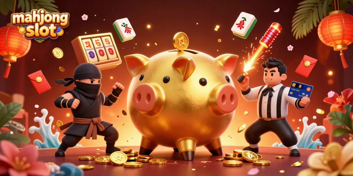 Spin to win at mahjong slot with a golden piggy bank and ninja characters in vibrant 3D art.