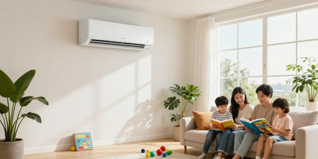 Comfortable family living room with a 12000 BTU mini split air conditioner, showcasing climate control and family activities.