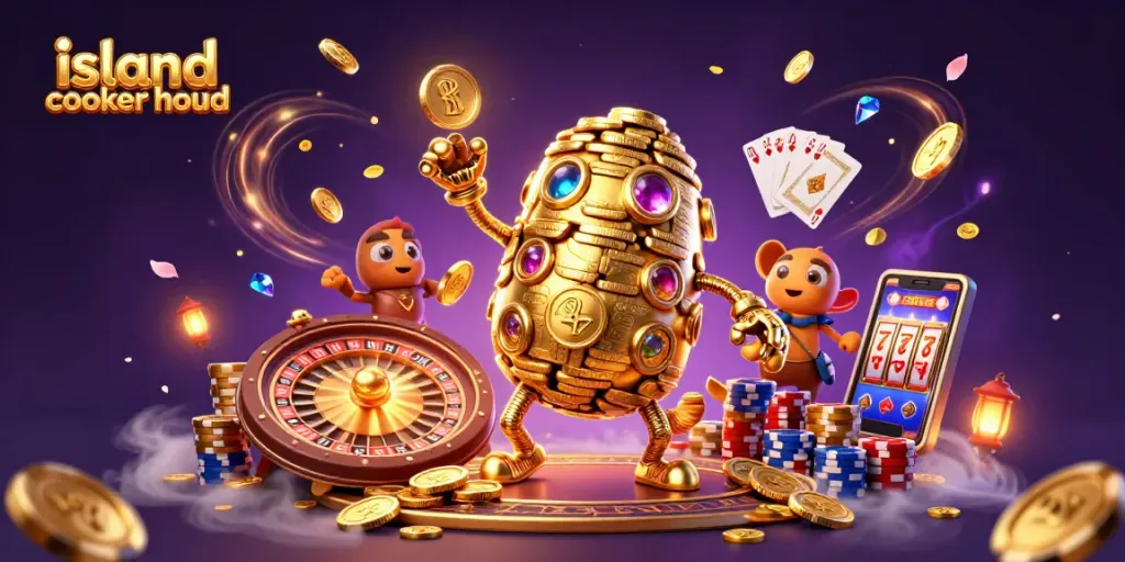 Spin the reels with an island cooker hood showcasing exciting casino elements in a vibrant 3D scene.