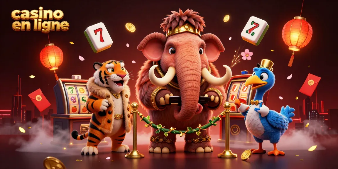 Illustration dynamique de casino en ligne avec mammouth, tigre et oiseau, entourés de jeux et de lumières.