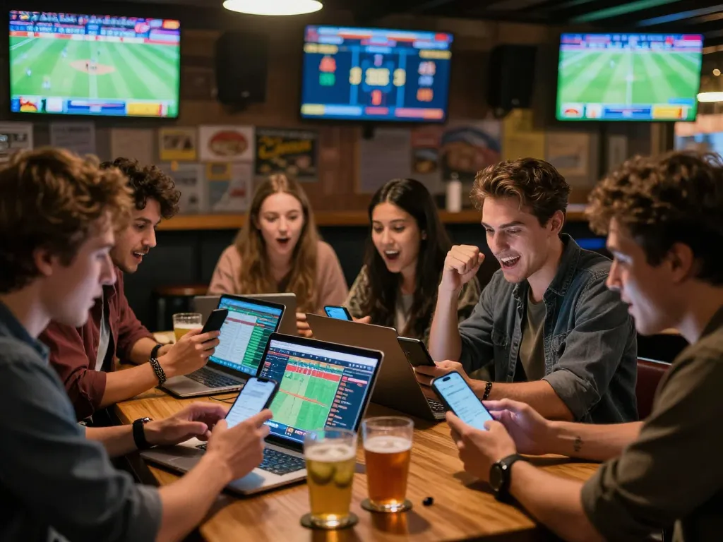Friends placing bets on sports events with smartphones at TG88, creating an energetic atmosphere