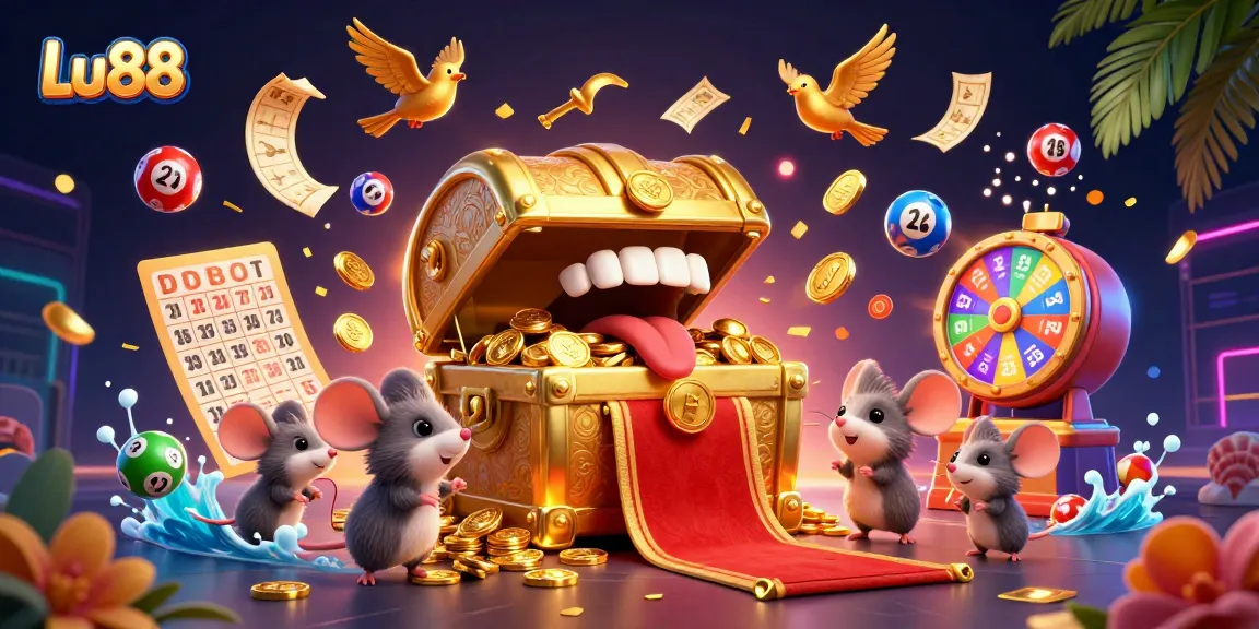 Experience thrilling excitement at Lu88 with a vibrant 3D casino illustration showcasing bingo cards, lottery balls, and treasure chests.