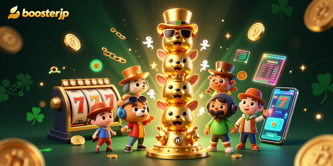 Mengakses judi slot online dengan boosterjp melalui ilustrasi totem emas karakter dan elemen kasino.