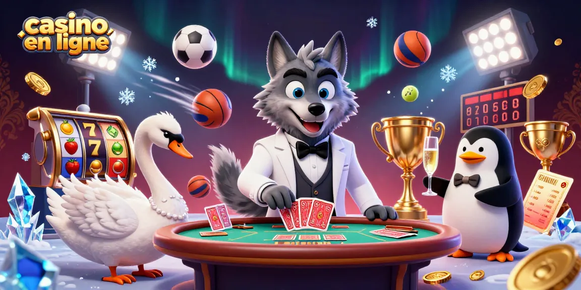Casino en ligne : un loup élégant à une table de baccarat avec un cygne et un pingouin serviteur.