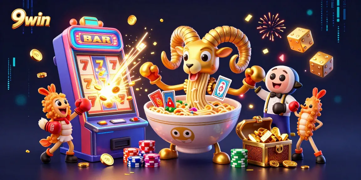 9win showcases vibrant 3D casino characters in an engaging jackpot scene, featuring dynamic game elements.