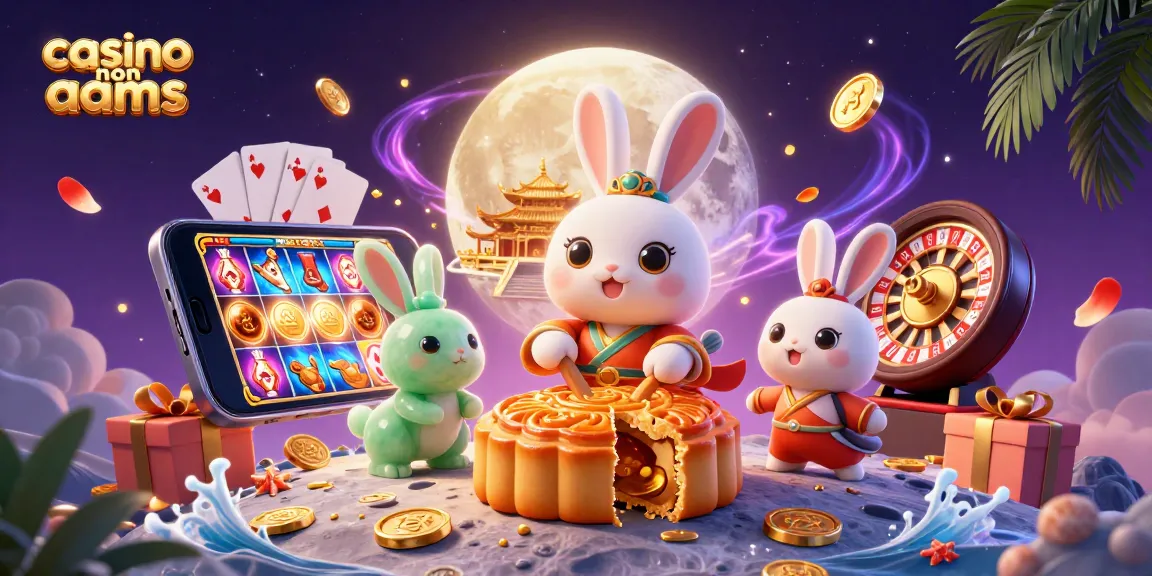 Illustrazione di un casino non AAMS con un coniglio di luna che crea dolci e fiches da poker sui quali ci sono elementi di gioco dal vivo e video, creando un'atmosfera unica.
