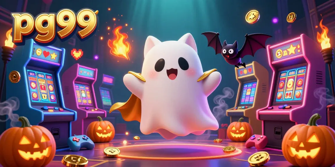 Experience thrilling gameplay at pg99 with a friendly ghost cat and vampire bat in a vibrant casino.