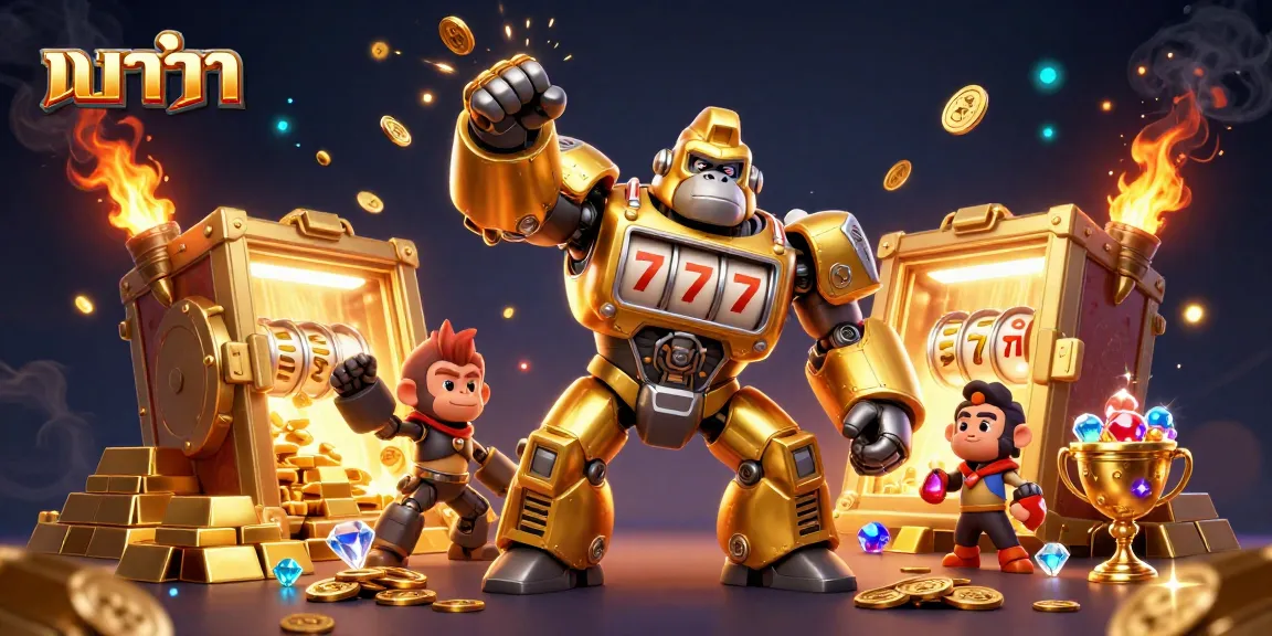 Experience excitement inบาคาร่า with a golden gorilla mech amidst treasures and dynamic effects.