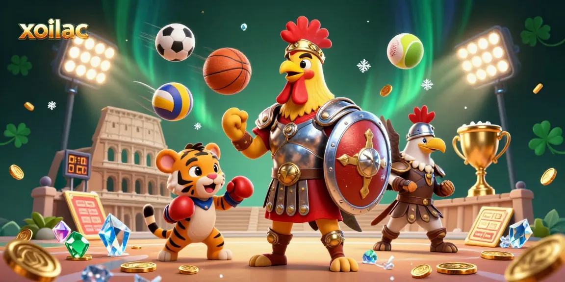 Experience thrilling bets on xoilac with a dynamic illustration of a rooster gladiator and sports elements.