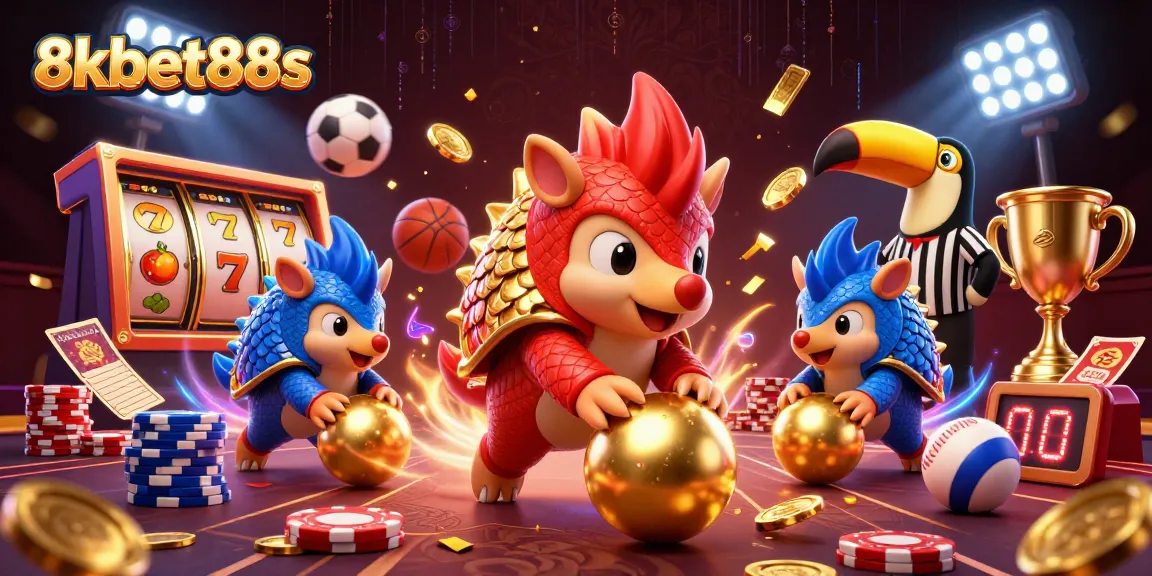 8kbet88s showcases a vibrant casino scene with rival pangolins engaging in a high-stakes game amidst dazzling elements.