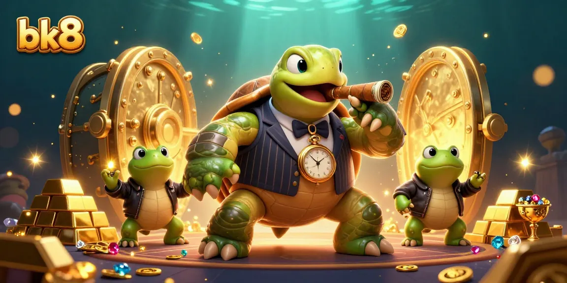 Bet on bk8 and enjoy an exciting casino experience featuring a cartoon turtle and bullfrogs amidst vibrant treasures.