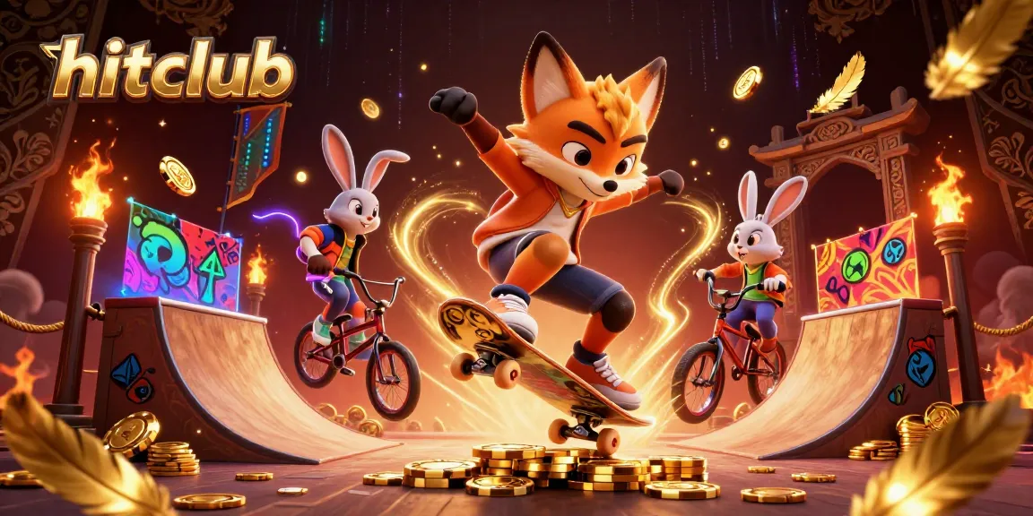 Experience the thrill of hitclub with a dynamic 3D scene featuring a skateboarder fox and BMX bunny in a vibrant casino setting.
