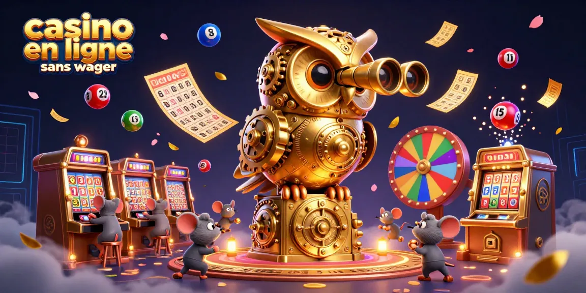 Visualisez le casino en ligne sans wager avec une chouette en or et des souris entre les machines à sous.