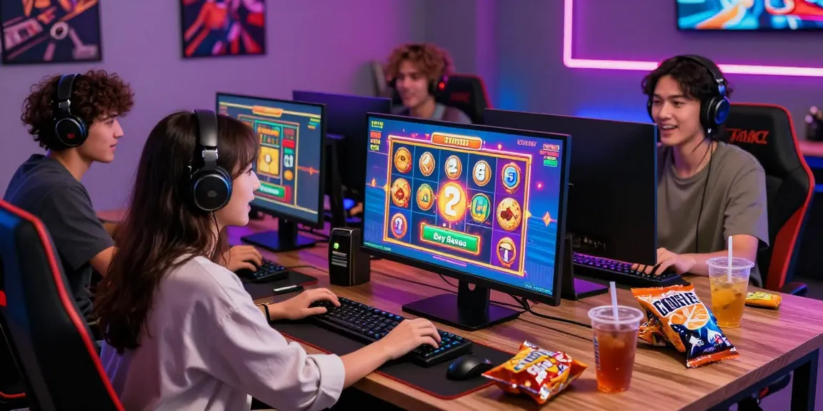 Friends enjoying bonus buy slots while gaming online with vibrant atmosphere and exciting slot graphics.