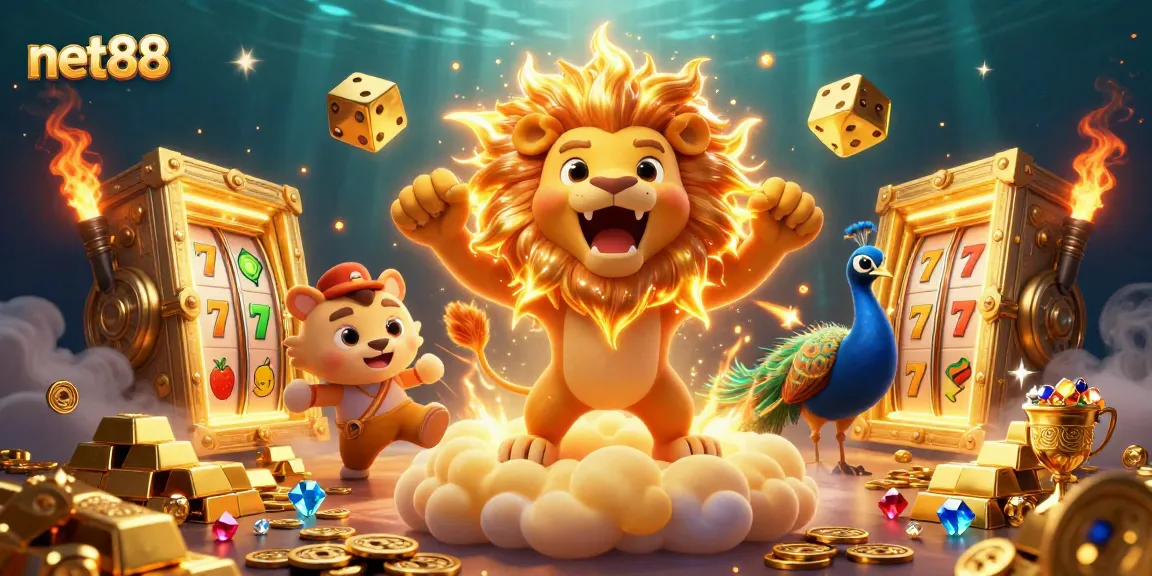 Join the excitement at net88, a vibrant casino scene with a roaring lion, golden dice, and treasure galore!