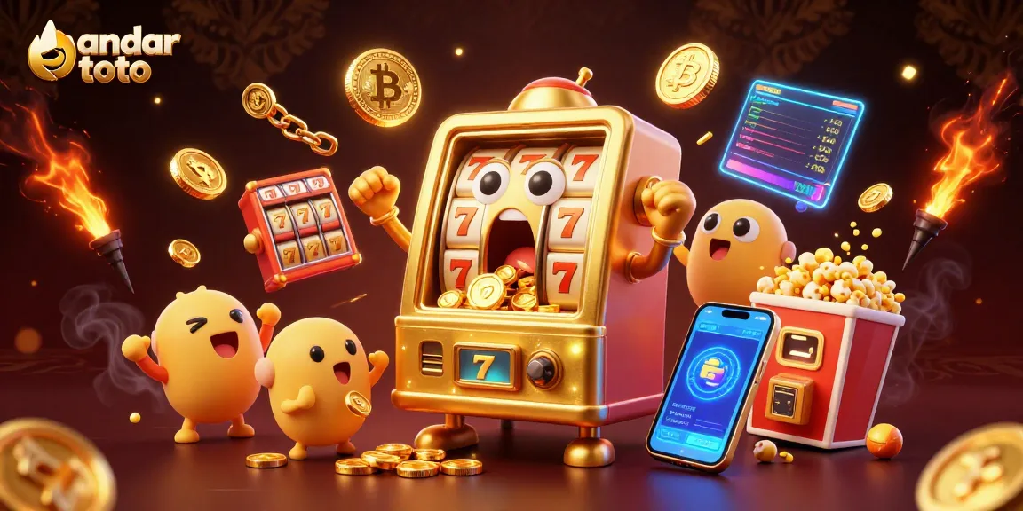 Celebrate jackpots with bandar toto's exciting slot machine scene featuring vibrant coins and cheering characters.
