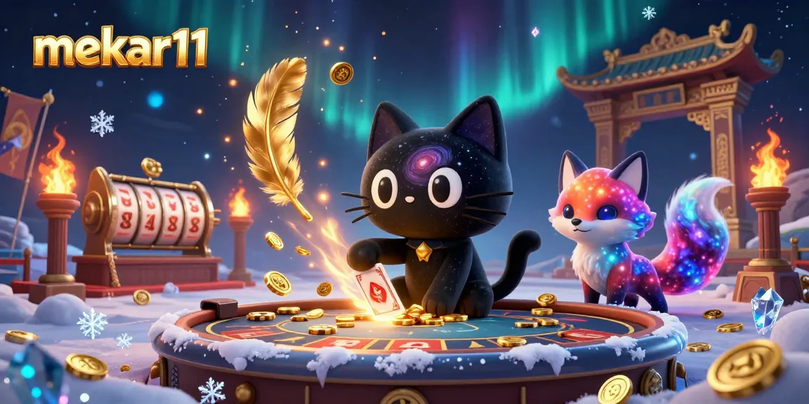 Mekar11 showcases a cosmic casino scene where a black hole cat spins reels and pulls in golden chips to win.