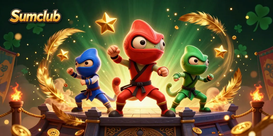 Experience excitement at Sumclub with ninjas in action amidst gold coins and vibrant casino elements.