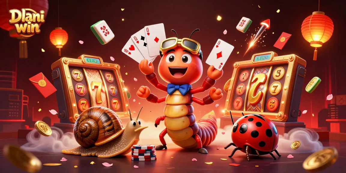 Dhani win engagingly showcases a vibrant casino scene with a millipede dealer and lucky characters.