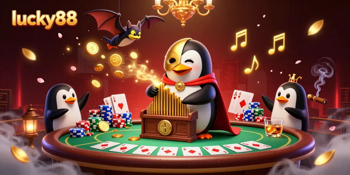 Experience lucky88 magic with a whimsical scene of a penguin organist and acrobat bringing the casino to life.