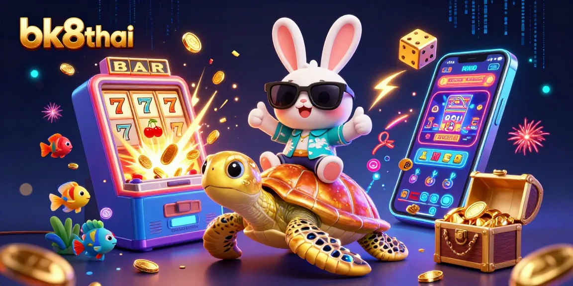Engage with exciting jackpots at bk8thai, illustrated by a lucky rabbit and golden turtle amidst casino games.