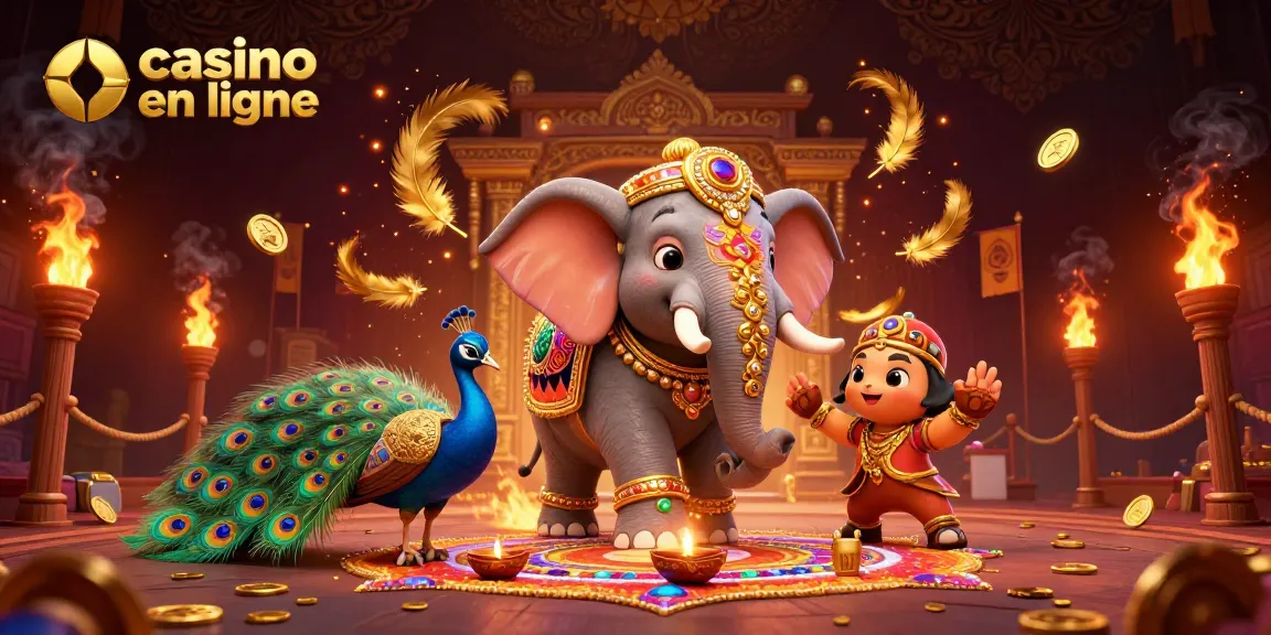 Jouez sur un casino en ligne avec un éléphant doré et des éléments de jeu captivants.