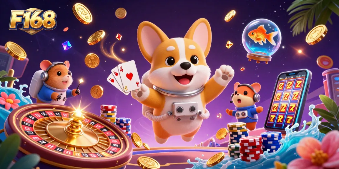 Experience thrilling gameplay at F168 with floating coins and vibrant casino characters in a dynamic scene.