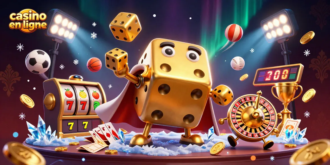 Jouer au casino en ligne avec un personnage coloré de dés en or, entouré de symboles de machines à sous.