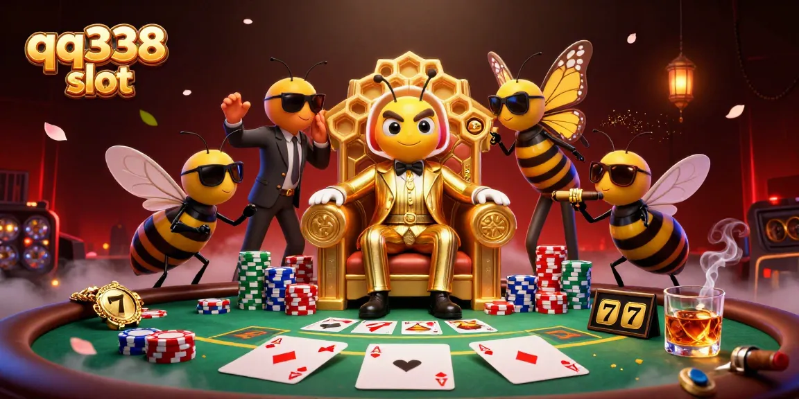 Play the thrilling qq338 slot game with unique characters in a vibrant casino scene.