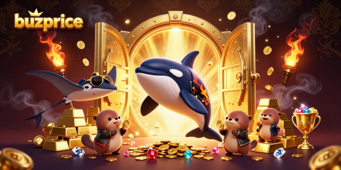 Buzprice celebrates wins with sea creatures and treasure in a vibrant casino scene.