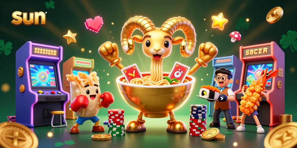 Engage in exciting games at the 3D casino under sun-themed characters and vibrant arcade elements.