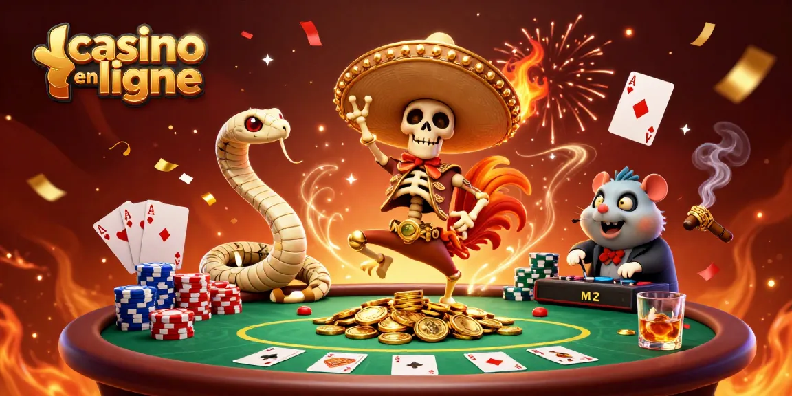 Jouer au casino en ligne avec des personnages amusants et des éléments de poker, ambiance festive.