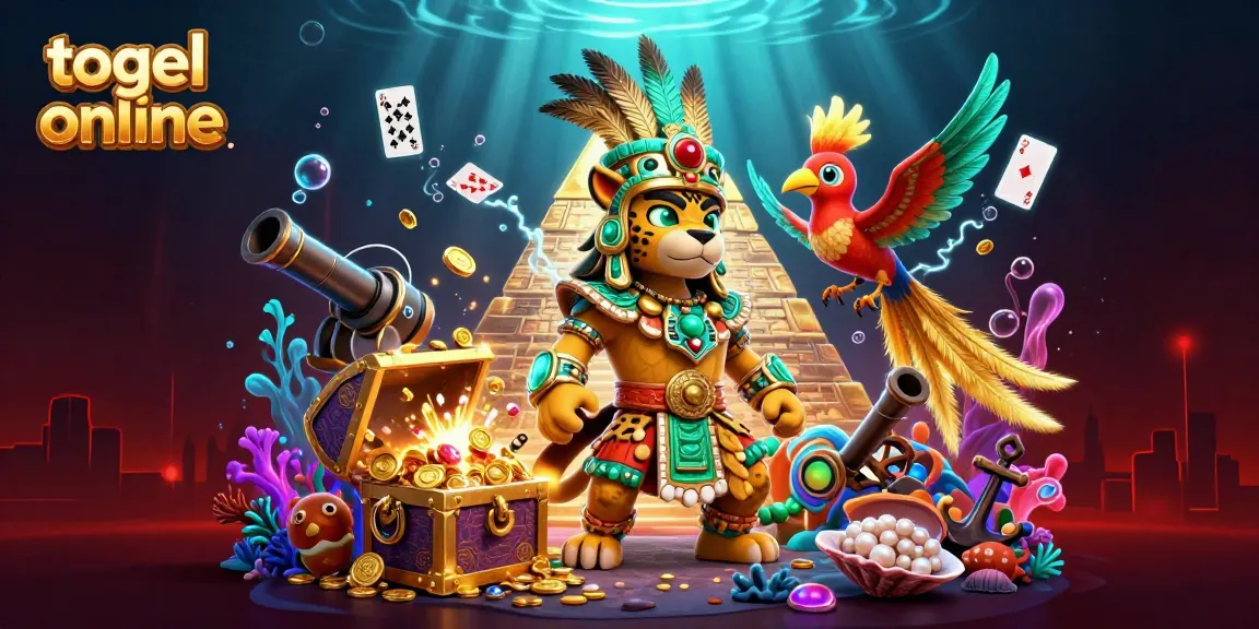 Togel online dengan karakter jaguar dan burung quetzal dalam suasana berkilau harta karun laut yang penuh pesona.
