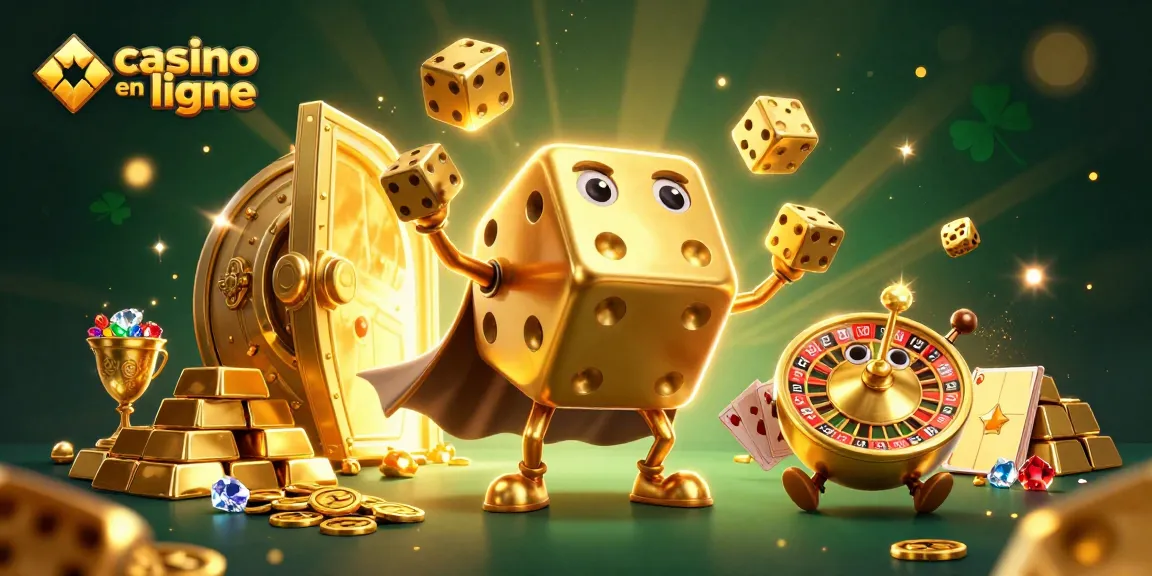 Plongez dans l'univers du casino en ligne avec ce golem de dés doré jonglant tout en offrant des trésors scintillants.