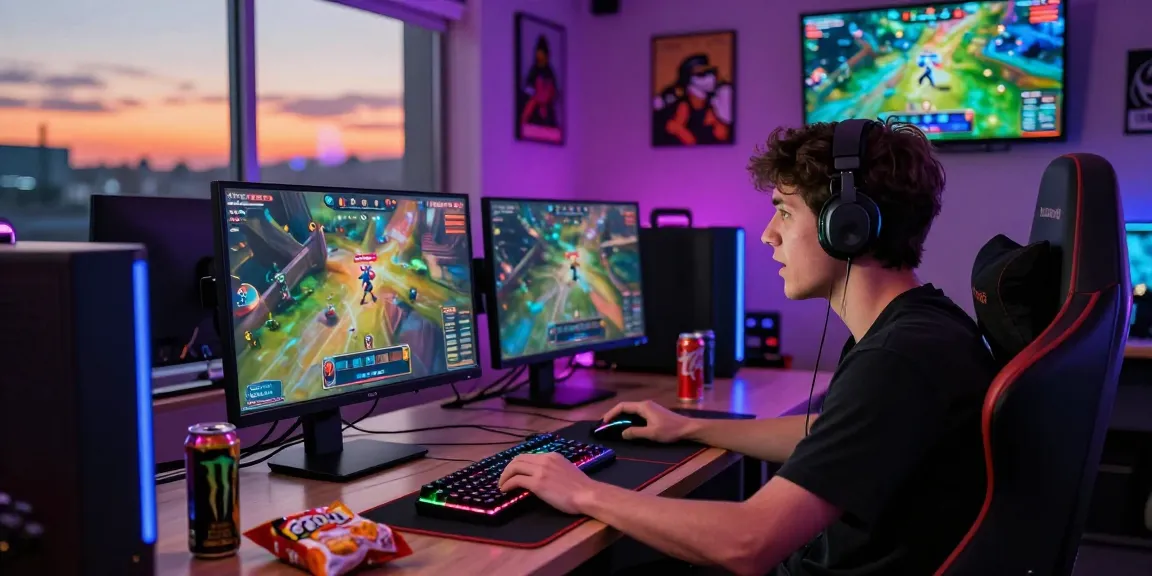 M98 สล๊อตเว็บตรง exciting gaming scene with a player immersed in action, showcasing vibrant setup and gaming gear.