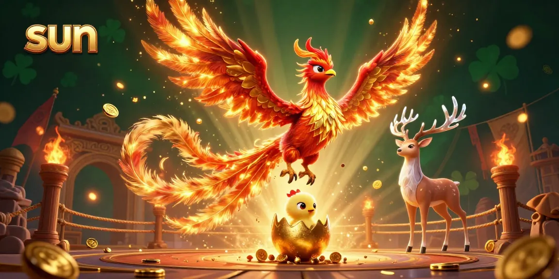 Experience the thrilling sun-themed casino magic with a vibrant phoenix, golden treasures, and betting tokens.