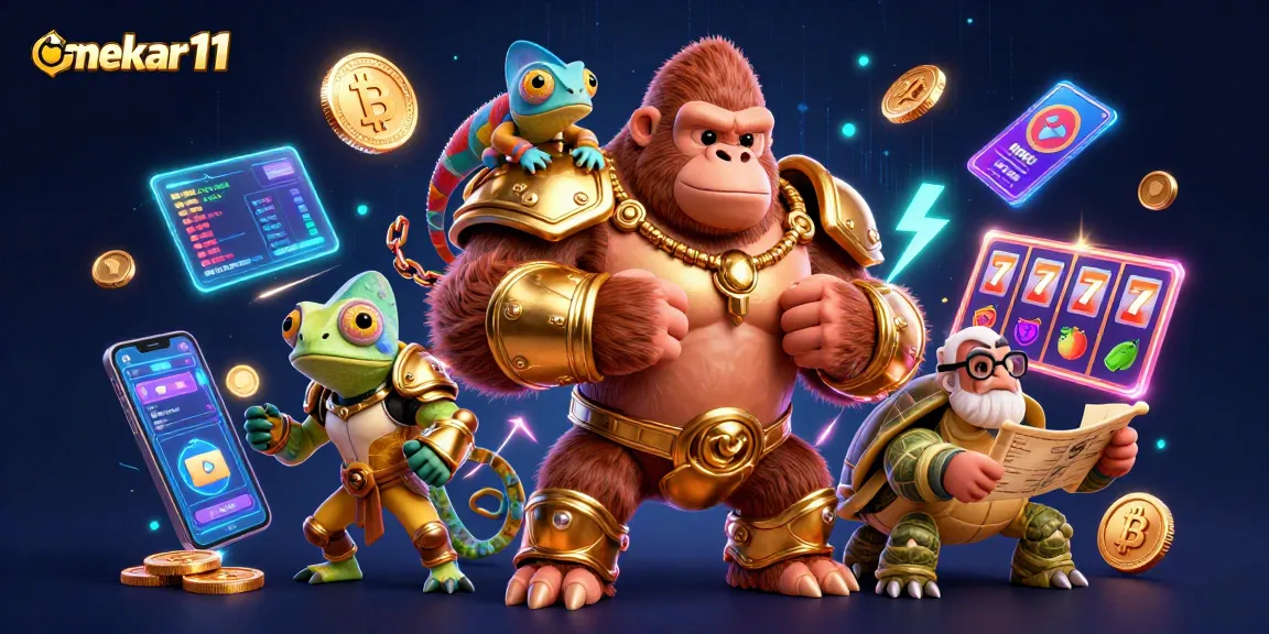 Mekar11 showcases a vibrant casino scene with a mighty gorilla king and a clever chameleon, highlighting slot machines.