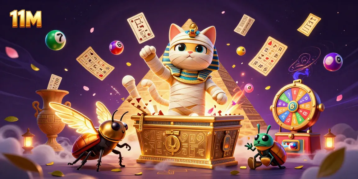 Engage in thrilling lottery excitement with 11M's vibrant Egyptian-themed casino illustration.