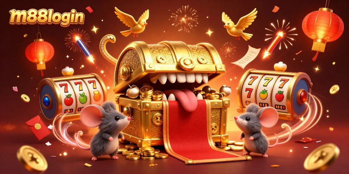 Engage with m88login’s gaming treasures as cartoon mice explore a luxurious casino scene.