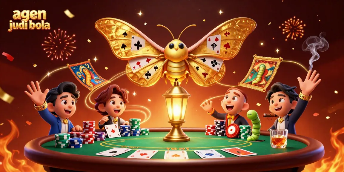 Experience excitement with agen judi bola as a 3D moth and poker elements create a vibrant casino atmosphere.