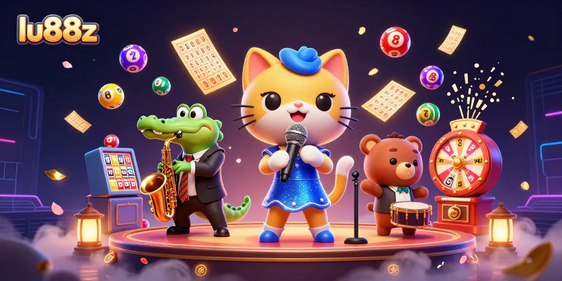Engage with lu88z in a vibrant casino scene featuring lively characters and dynamic lottery elements.